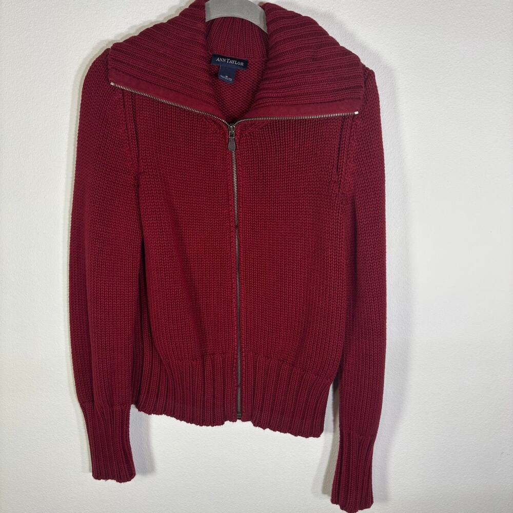Ann Taylor Vintage 90s Red Chunky Knit 100% Cotton Full Zip Sweater Medium USA